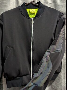 Cyberdog Cropped Bomber Flight Jacket Black Reflective Large